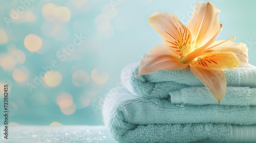Serene spa atmosphere with fresh lily flower on towels. soft focus, pastel colors for relaxation and wellness concept. AI