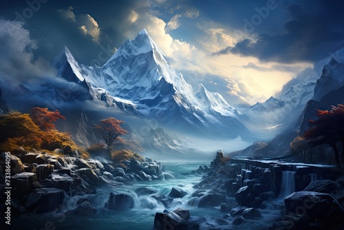 Himalayas. Valley with a mountain river and little waterfall. Generative AI Art. Beautiful view.