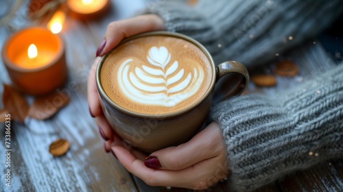 Women's hands hold a cup of hot cappuccino. Banner for advertising a cafe or coffee shop.