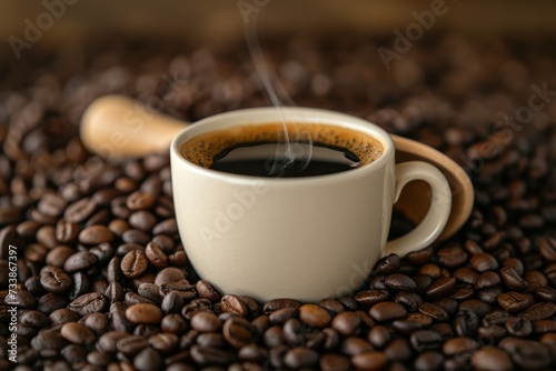 Front view of a withe cup filled with hot coffee surrounded by roasted coffee beans. 