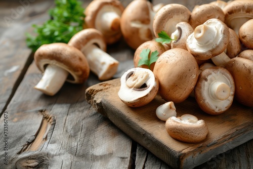 Front view of various crimini mushrooms on a rustic wooden table. 