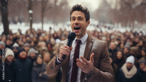 A businessman anchor standing in front of the public with a microphone.