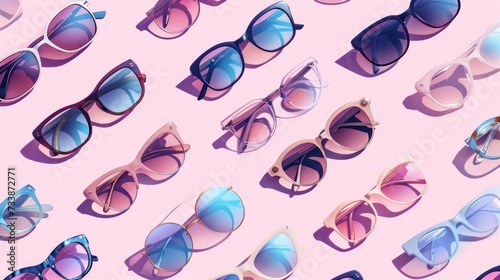 Fashionable sunglasses arranged over a pastel pink background showcasing different styles