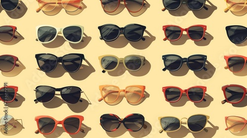 An array of different fashionable sunglasses neatly displayed on a beige background