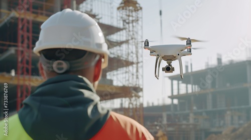 A construction worker observing a flying drone at a sunny construction site.
