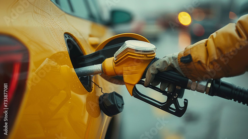 close up Hand with a fuel nozzle refueling station gasoline a vehicle
