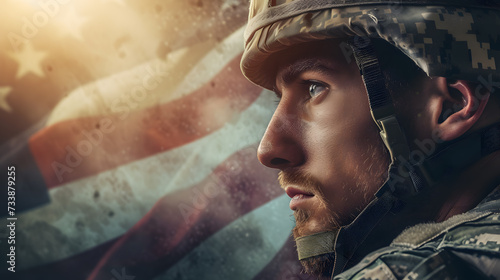 Photo of soldier with the USA flag on background. Special force United States soldier 