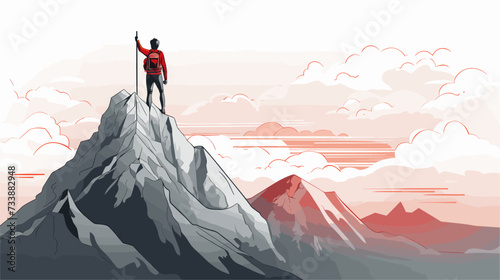Vector illustration portraying a mountain climber reaching the summit symbolizing the triumphant journey and success achieved through perseverance and determination. simple minimalist illustration