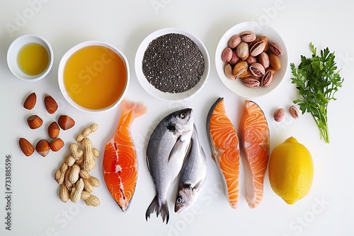 Food sources of omega 3 and omega 6 on white background top view. Foods high in fatty acids including vegetables, seafood, nut and seeds