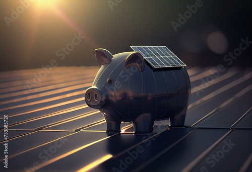3D render: A solar panel in the form of a piggybank on a roof. Concept for saving money with your own solar energy plant. Sun flares. Web banner format. Generative AI
