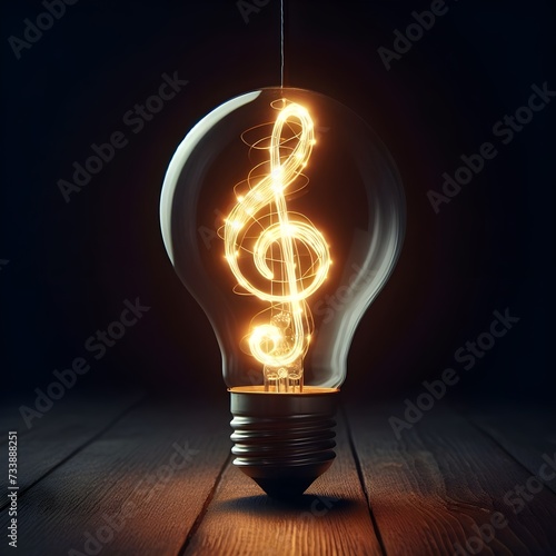 Bright neon musical song note filament inside lightbulb on plain dark black background 