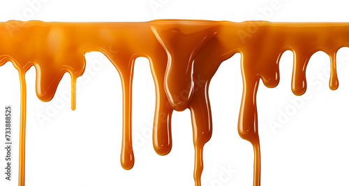 Dripping Melted caramel sauce drops isolated on transparent background