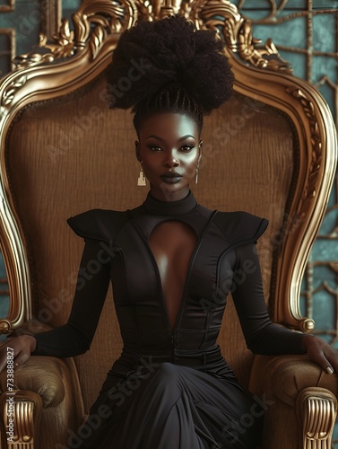 A beautiful black woman wearing a black dress sitting on a throne.