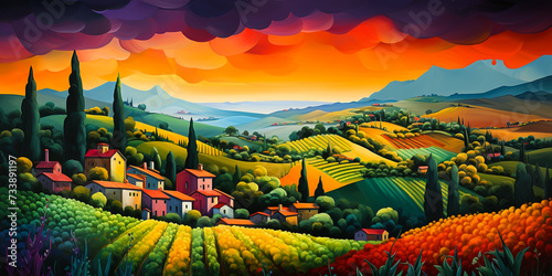 paintings of beautiful European countryside. Landscape painting with buildings, houses, lavender fields, farmhouses, agricultural land, trees, hills, mountains, bright blue sky for printing.