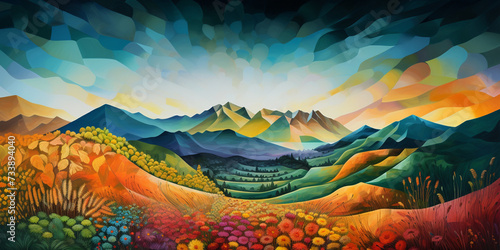 Painting of a flower garden behind a beautiful mountain of colors and scenery.