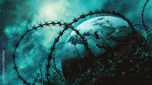 Illustration of a view of the globe from space, wrapped in barbed wire, dark blue background. Space illustration.