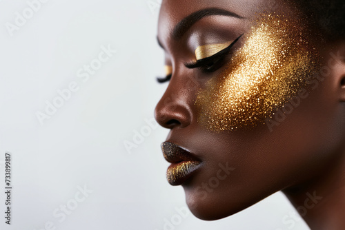 close-up profile of african american woman with golden blush on the cheek, light grey background with copy space