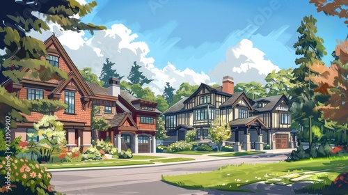 Domy na przedmieściach w lecie w Ameryce Północnej. Luksusowe domy z ładnym krajobrazem.