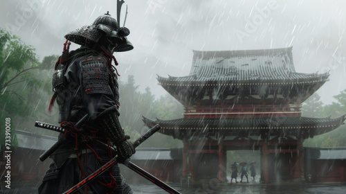 a epic samurai with a weapon sword standing in front of a old japanese temple shrine. rainy day with grey sky and tones. asian culture. pc desktop wallpaper background 