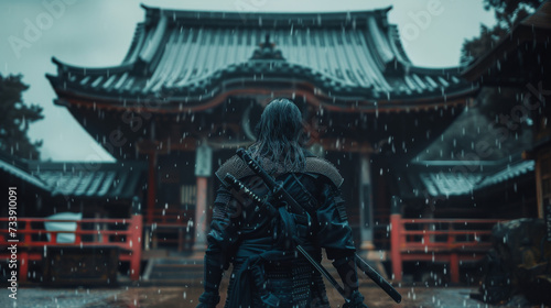 a epic samurai with a weapon sword standing in front of a old japanese temple shrine. rainy day with grey sky and tones. asian culture. pc desktop wallpaper background 