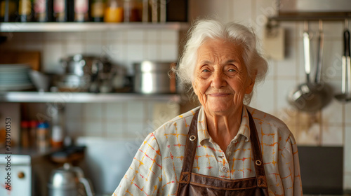 Old italian Grandma, Nonna stands in the kitchen, cooking italian traditional food and smiling into the camera, people lifestyle woman photography