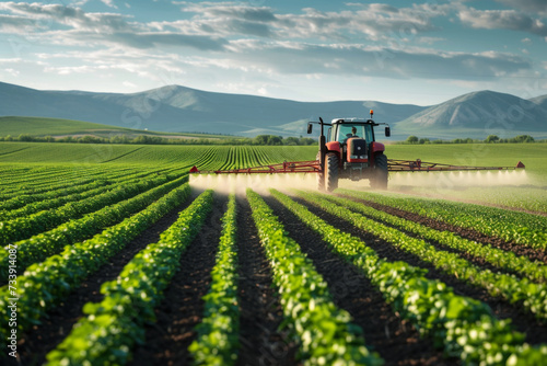 Agriculture tractor spraying fertilizer on agricultural field. Smart agriculture farming, agricultural food crops technology concept.