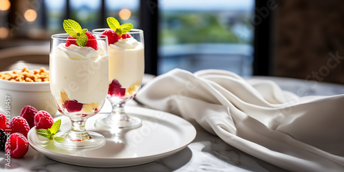 Sobremesa de baunilha com framboesas, servido em taças sobre a mesa dentro de um restaurante elegante. Prato doce elegante acompanhado de morangos.