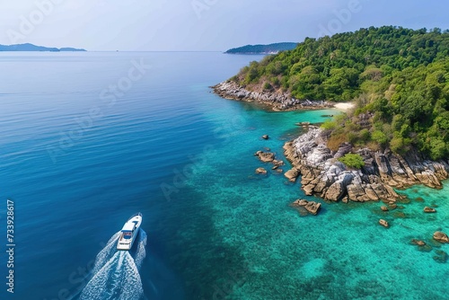 Travel holiday background. Aerial view of seascape with speed boat on blue sea in the morning at dawn in summer. Motorboat on sea bay with rocks in clear blue water. Top view from drone