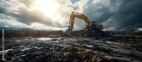 Bright yellow construction excavator at work on building site