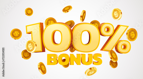 100 percents bonus. Falling golden coins. Cashback or prize concept.