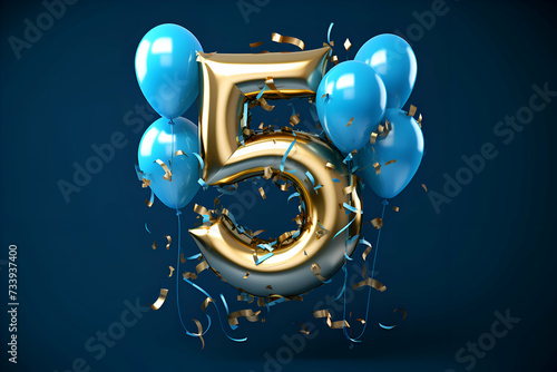 Number 5 gold balloons and confetti. Birthday greeting card. 3D Render