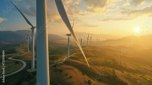 Wind turbines majestically spin atop a picturesque hill, harnessing the power of the wind to generate sustainable energy.