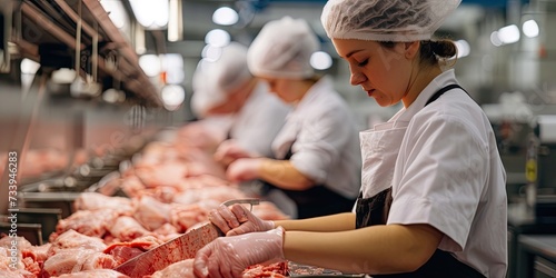 A laborer in a meat factory meticulously slices fresh beef on a metal work table, contributing to the food processing industry.