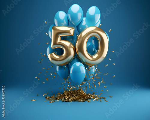 50th birthday celebration balloon with golden number and blue balloons. 3D Render