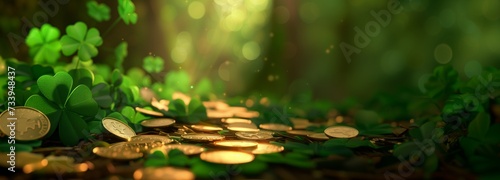 enchanted forest floor with clovers and gold coins in magical light, st patrick day concept