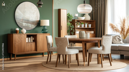 Mint color chairs at round wooden dining table in room with sofa and cabinet near green wall. Scandinavian, mid-century home interior design of modern living room 