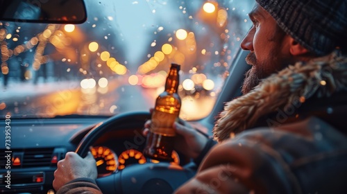 A man can be seen in the drivers seat of a car, holding a bottle of beer in his hand while driving.