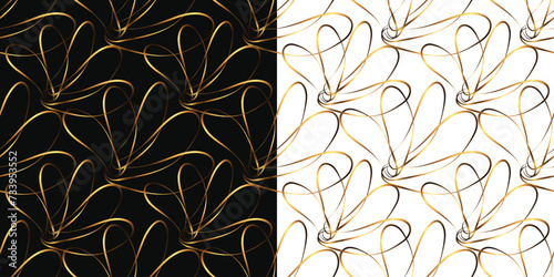 Gold striped flowers on black and white background.Seamless pattern. Vector illustration.