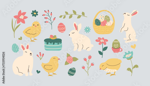 Set of hand drawn Easter characters. Cute chickens and Bunnies in doodle style. Bright cake and multicolored patterned eggs in basket in hand-drawn style. Happy Spring holidays minimalistic flowers