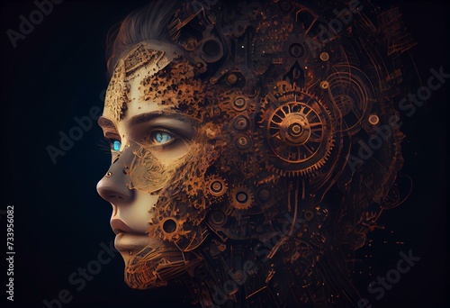 Design of an artificial intelligence face and gears. Generative AI