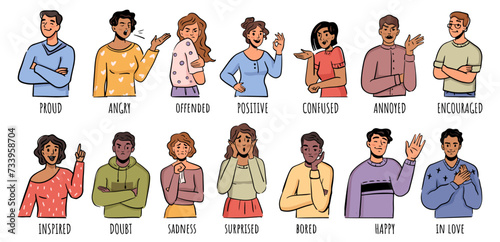 Personages expressing emotions and feelings with gesture, poses and mimic. Vector flat cartoon characters, men and women. Proud and angry, offended or positive, confused or annoyed, bored or happy
