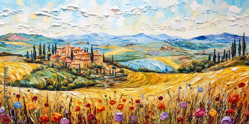 Panorama of a typical Tuscany landscape with poppy flowers. Horizontal oil painting, impasto