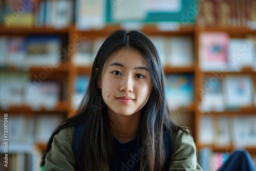 Asian female high school students in a classroom at a cram school.