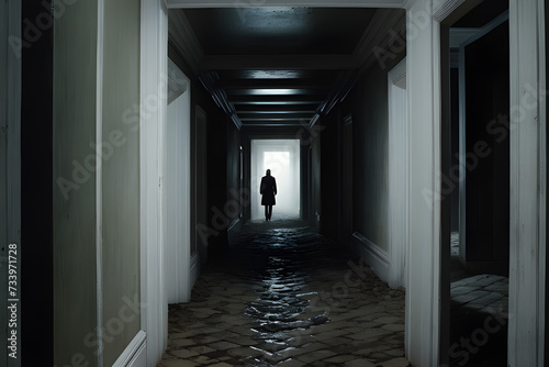 An image that instills fear, featuring a claustrophobic or disorienting setting with a haunting environment.