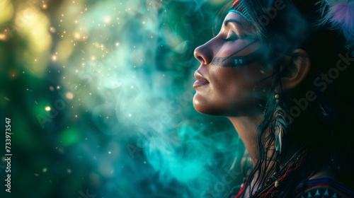mystical world of a pretty Native American shaman woman as she embarks on a secret ayahuasca ritual, filled with wonder, spiritual revelations, and a psychedelic trip