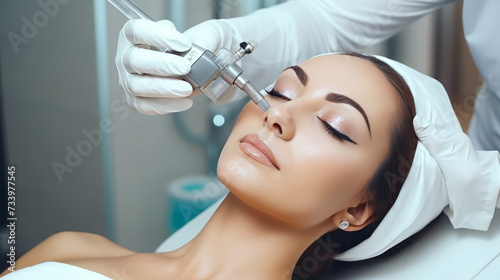 Facial skin care. Close-up of a woman receiving hydro microdermabrasion facial peeling at a cosmetic spa clinic. Vacuum cleaner Hydra. Exfoliation, rejuvenation and hydration. Cosmetology.