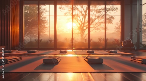 Calm yoga studio at sunrise mats laid out zen atmosphere
