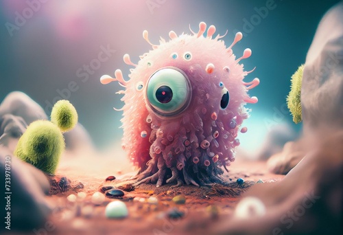 Join adventure with curious little amoeba and explore world of microorganisms. cute children creature, AI generation. Generative AI