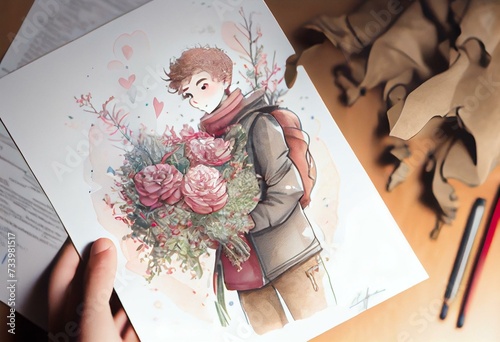 à la Saint-Valentin, un petit garçon attend son amoureuse avec des un bouquet de fleurs, dessin aquarelle kawaii, IA générative. Generative AI