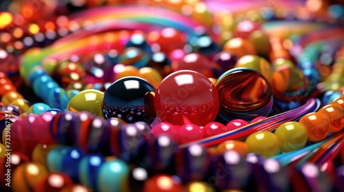 An overhead photo of many different beads, shot from the top on a white background with copy space